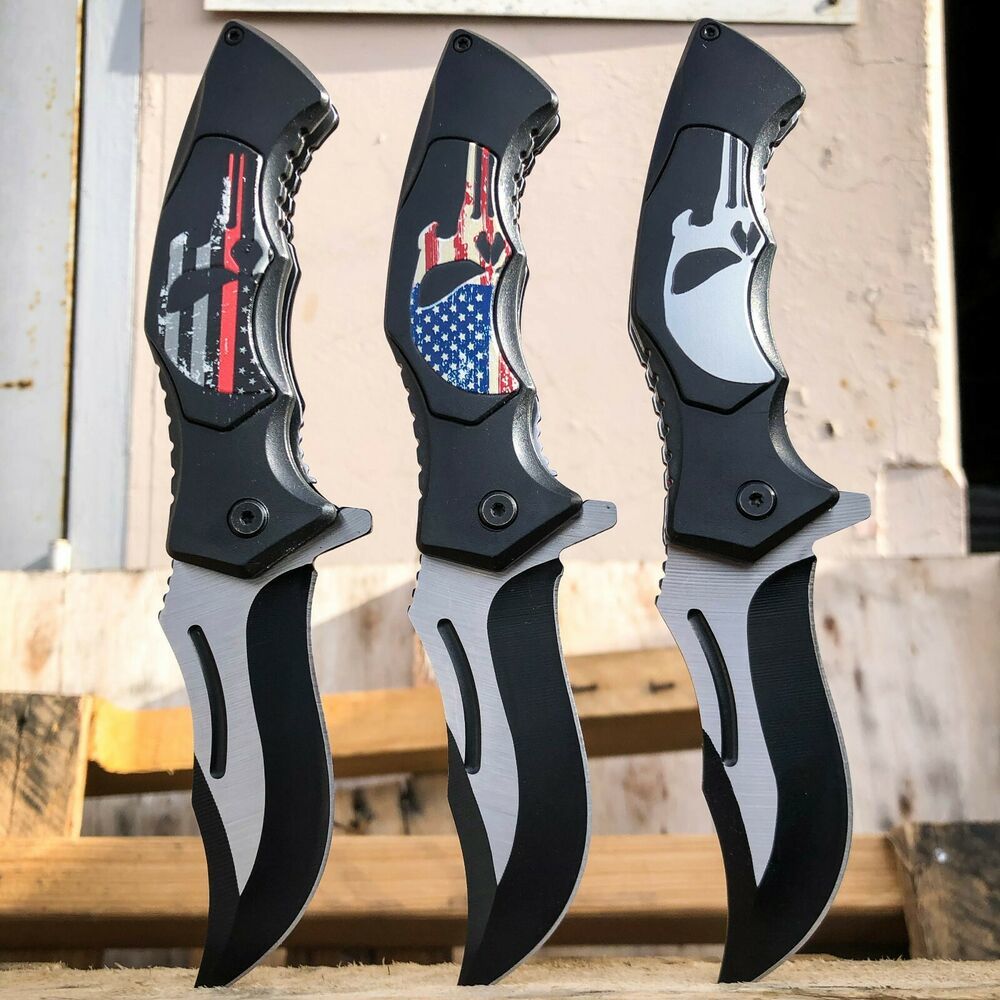 

8" BLACK Spring Opening Assisted SKULL Tactical Folding Pocket Knife Blade NEW