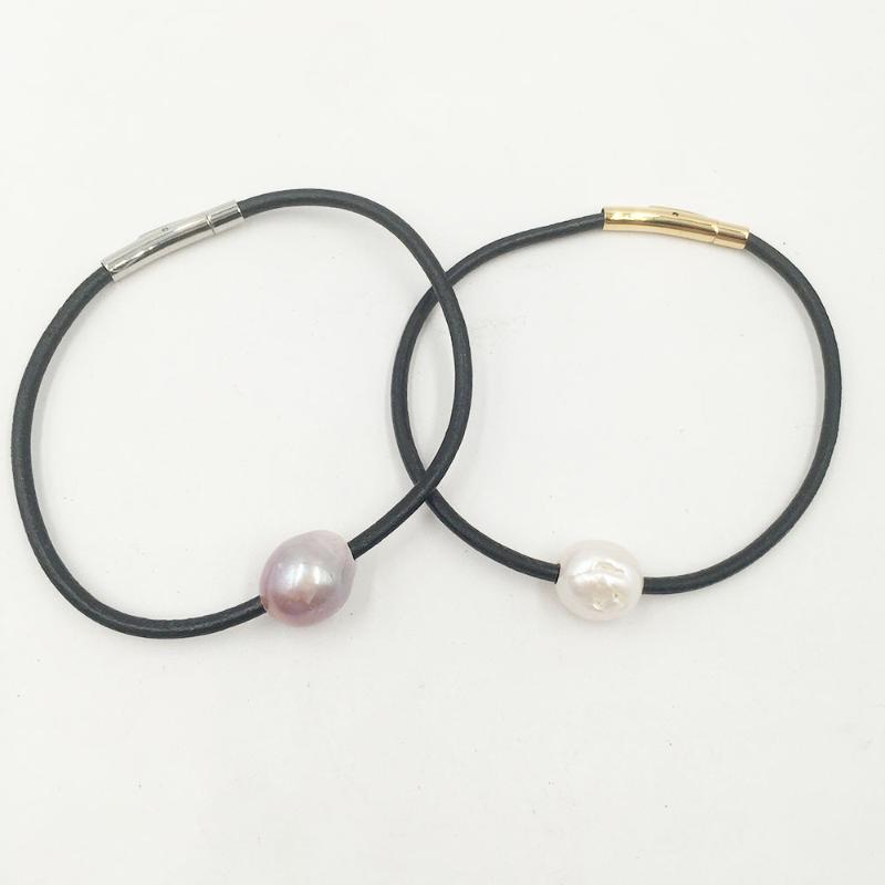 

Bangle ,Real Leather Rope Nature Pearl Bracelet,High Quality Stainless Steel Waterproof Clasp Ip Gold Plating,11-13 Mm