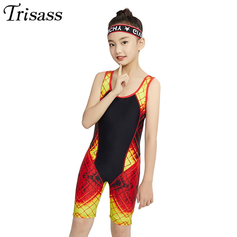 

Trisass 2021 Professional Sports One Piece Swimming Suit For Girl Patchwork Printing Children's Long Pants Swimwear Monokini One-Piece Suits