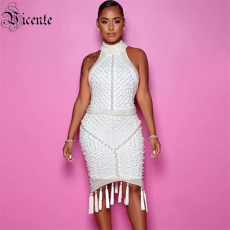 

Free Women Paerls Vestidos Sexy Halter Sleeveless Backless Beads Dress Celebrity Party Tassel Bodycon 210520, Black