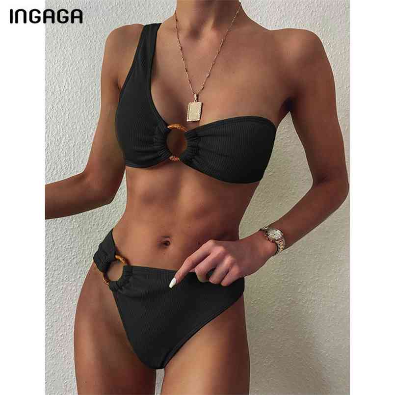 

INGAGA Sexy Bikini Set One Shoulder Women's Swimsuits High Waist Swimwear Women Rings Biquini Ribbed Brazilian Bikinis 210722, Leopard print