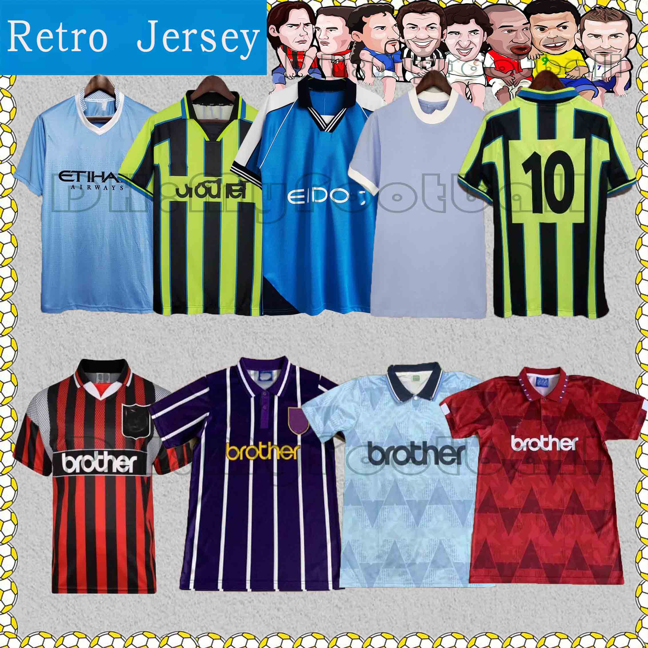 

thailand 89 91 92 94 96 Retro Man Soccer Jerseys 98 99 City 2011/12 Wembley Clough Home Tevez Kun Agüero Dzeko Kompany Vintage MCI Shirts Classic, Black;yellow