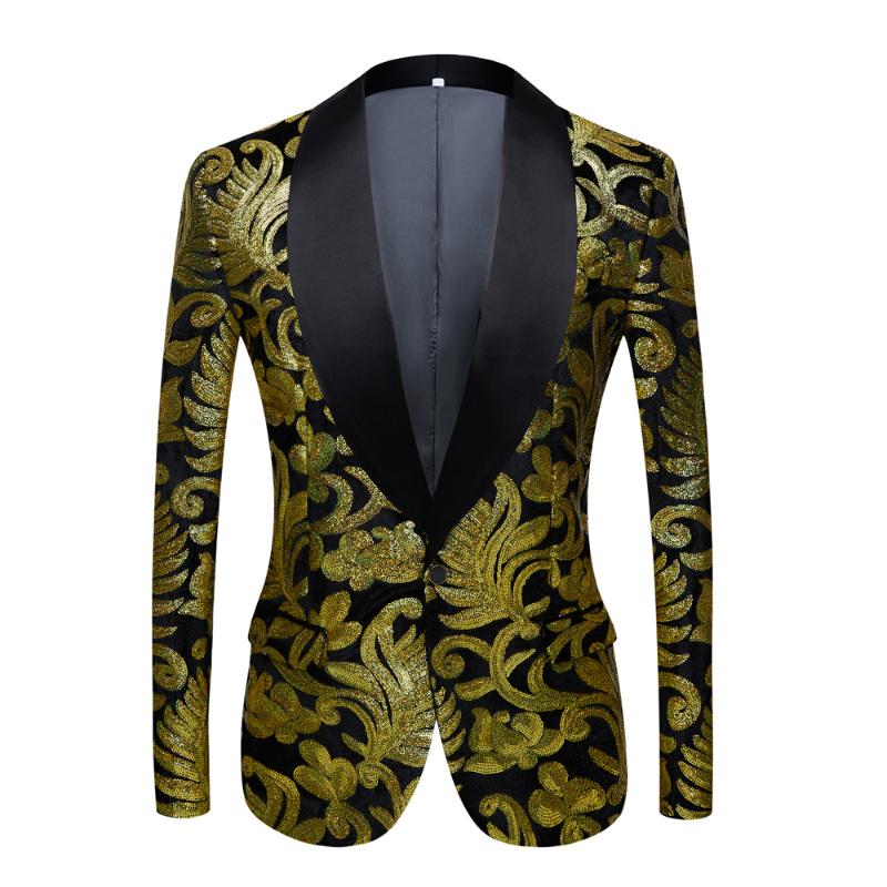 

Men's Suits & Blazers Mens Laser Sequin Fashion Shawl Lapel Royal Black Velvet Floral Shiny Sequins Wedding Groom Prom Singers Suit Jacket