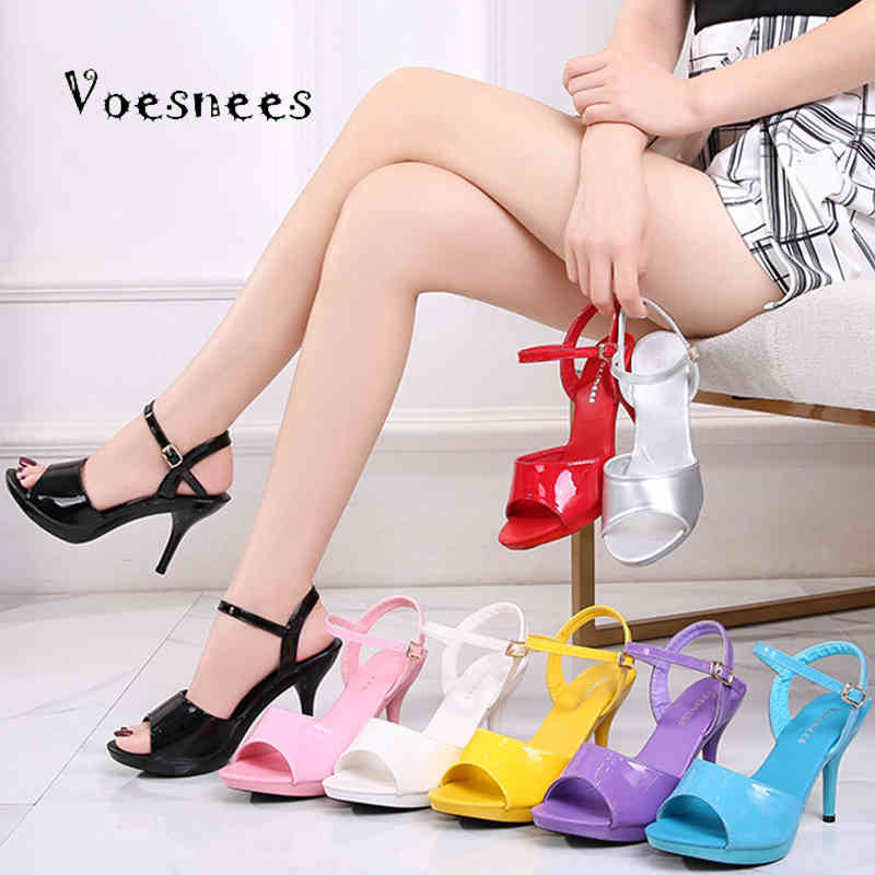 

Voesnees Brand Elegant Sandals Woman Shoes Sexy High Heels Pumps Fine Heel Banquet Colorful Sandals Patent Leather Red Sexy Shoe X0523, Pink