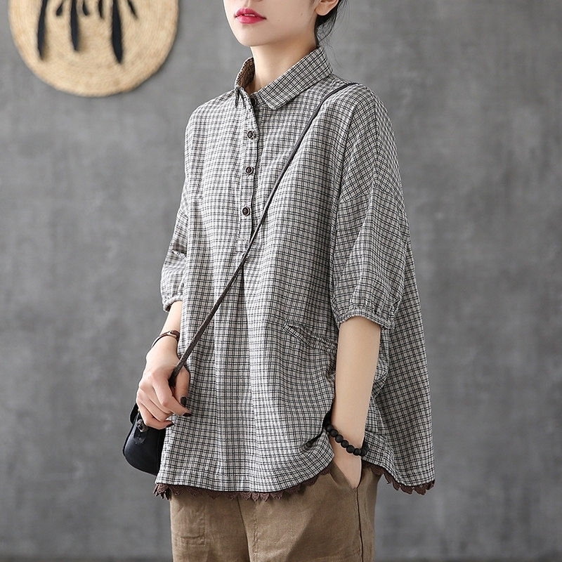 New Arrival Summer Arts Style Women Short Sleeve Loose Shirts Plus Size Cotton Linen Plaid Casual Blouses Femme Blusas S702 210317