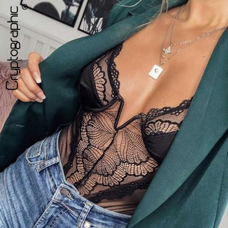 

Cryptographic Deep V Fashion Lace Sexy Bodysuit Women Patchwork Mesh Transparent Female Jumpsuit Slim Body Mujer Hot Catsuit Q190530, Black
