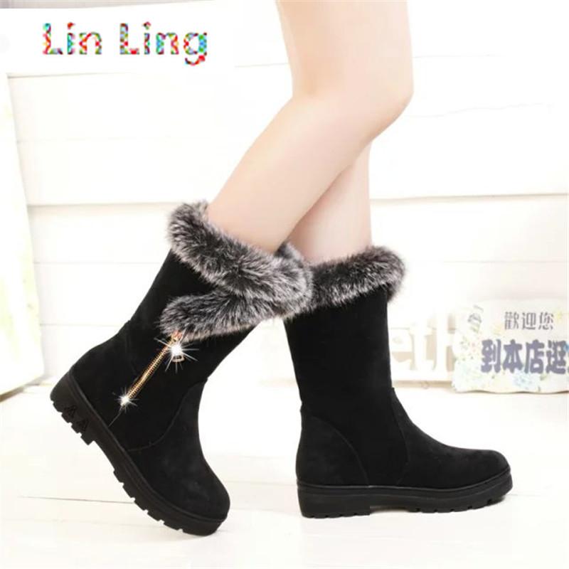 

Boots Winter Women Casual Warm Fur Mid-Calf Shoes Slip-On Round Toe Flats Snow Muje Plus Size 35-41, Black