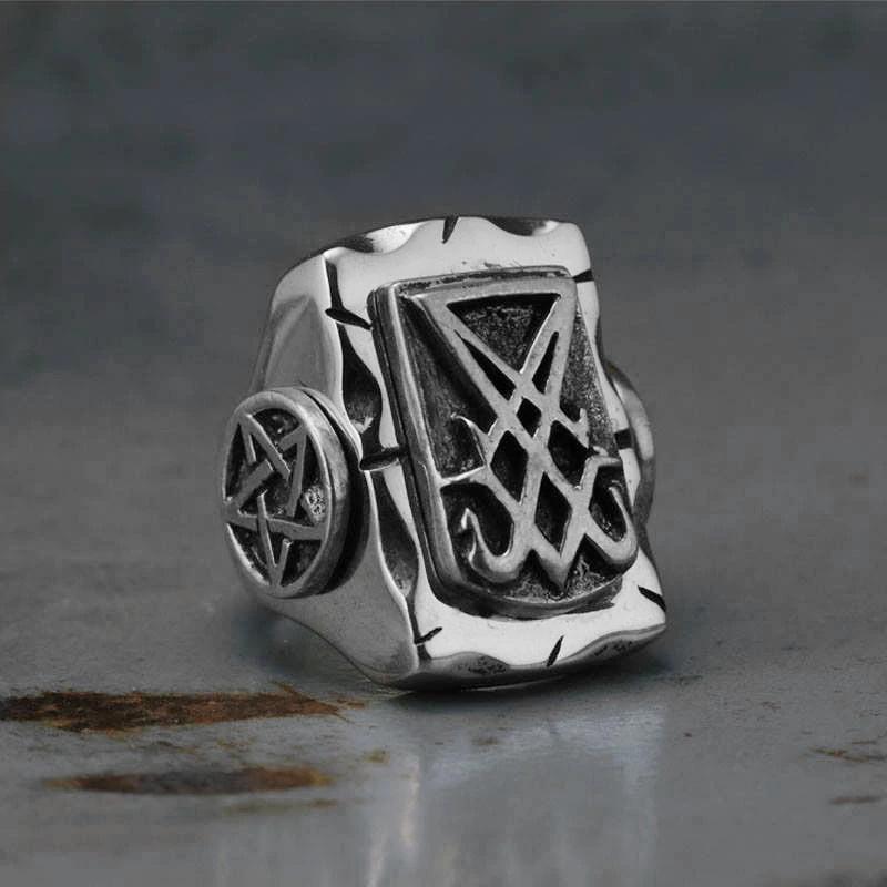 

Cluster Rings EYHIMD Vintage Sigil Lucifer Biker Ring 316L Stainless Steel Pentagram Of Satan For Men Male Punk Jewelry