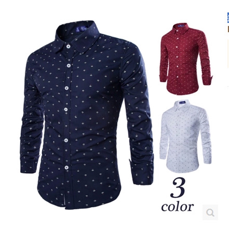 

Men's Shirts 2021 Fahion Caual Boat Anchor Printed Long leeve Added C87, White;black
