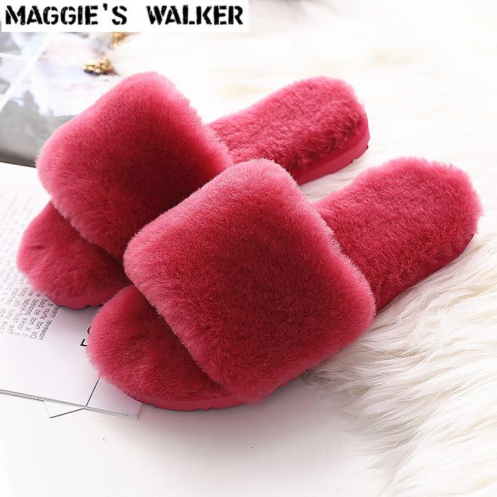 

Slippers Maggie's Walker Women Fashion Sheep Hair Unisex Candy-Colored Flat-heeled Winter And Autumn Size 35~42, Black