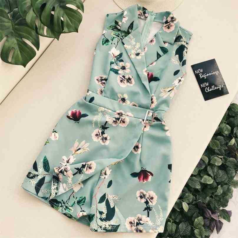 

Fashion Women Floral Jumpsuits Summer Sleeveless Turn-down Collar Shorts Romper Playsuit Ladies Beach Bodycon Bodysuits 210525
