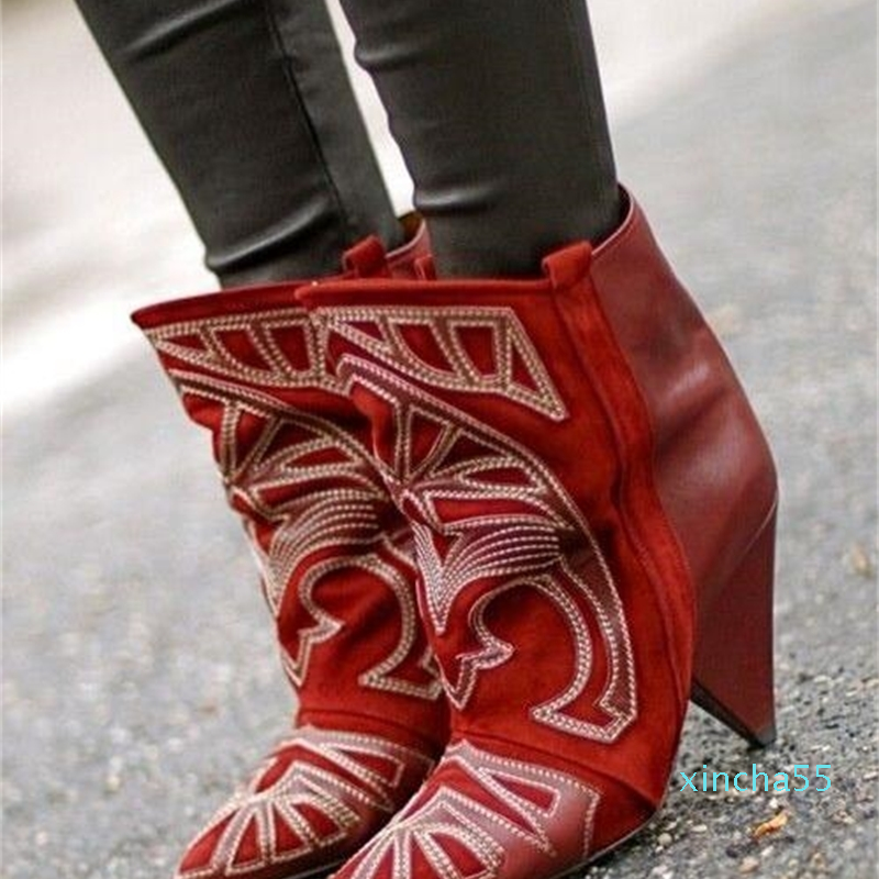 

Red Ankle Embroidered Suede Cowboy Boots, Women's, for the Fall, The picture