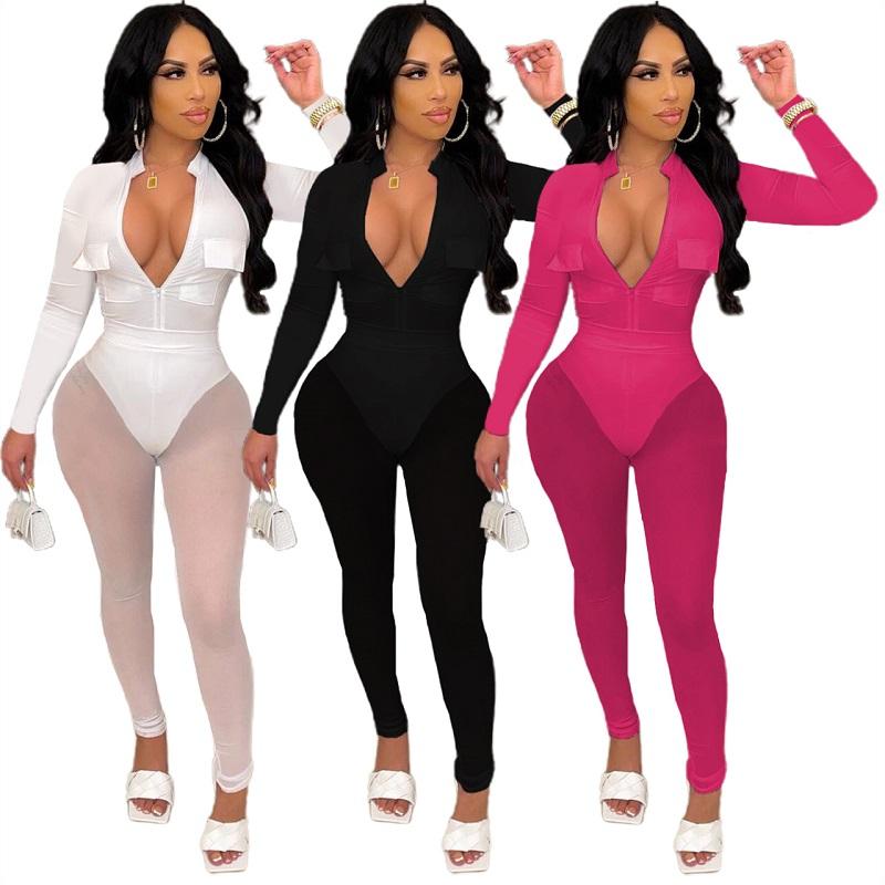 

Women' Two Piece Pants The Fall 2021 Fashion Sexy Zipper Deep V Side Up T-Shirt Club Micro See-Through Gauze High Waist Tight Trouser Suit, Baise