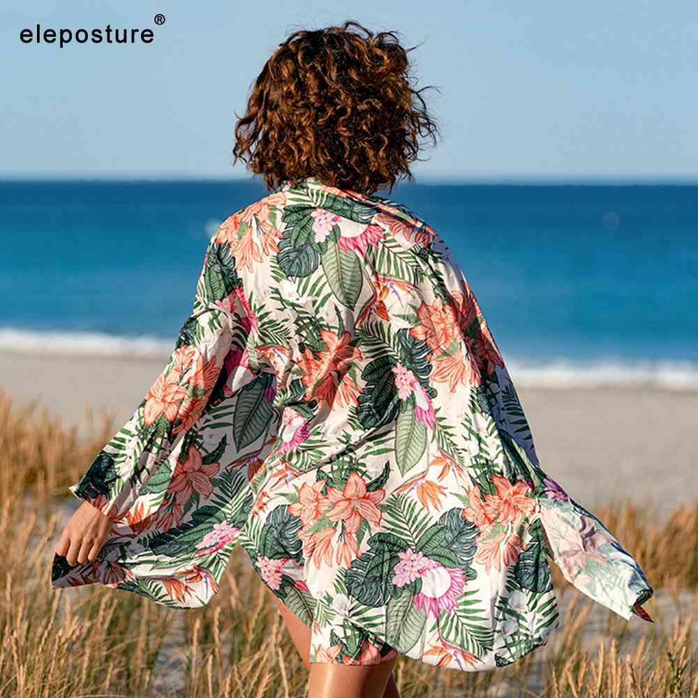 

Leaf Print Beach Cardigan Loose Cover Up Women Sexy Bikini Swimsuit Summer Wear Bathing Suit -s 210521