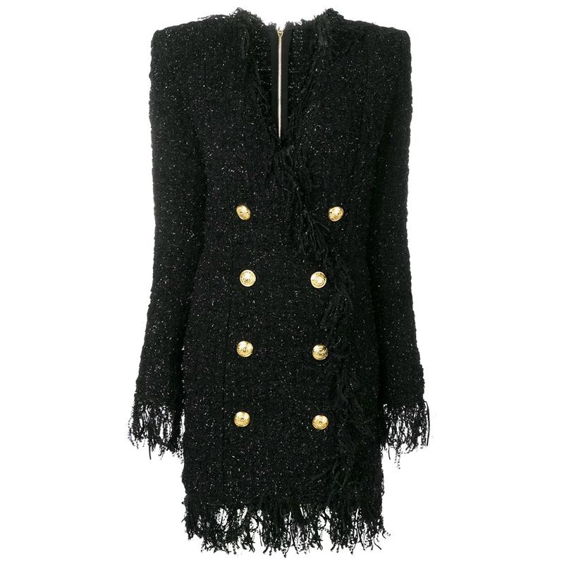 

Designer Runway Dress Women' Long Sleeve Metal Lion Buttons Fringed Tweed Tassel Casual Dresses 2021, Black