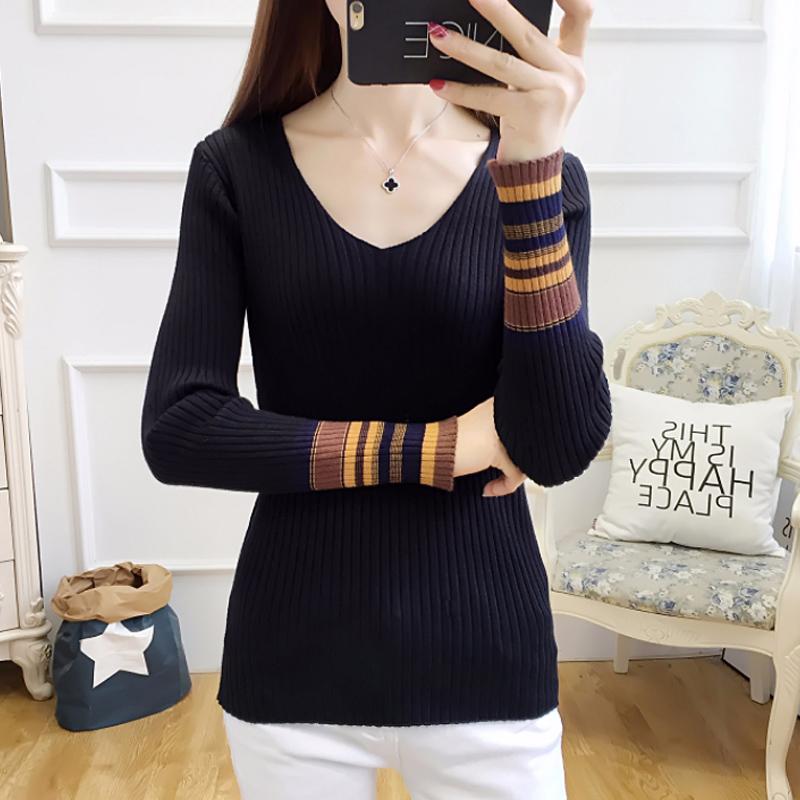 

Women' Sweaters 2021 Autumn Winter Black Knit Bottoming Tops V-Neck Long Sleeve Patchwork Women Pullover Sweater Korean Slim Knitted Jumper