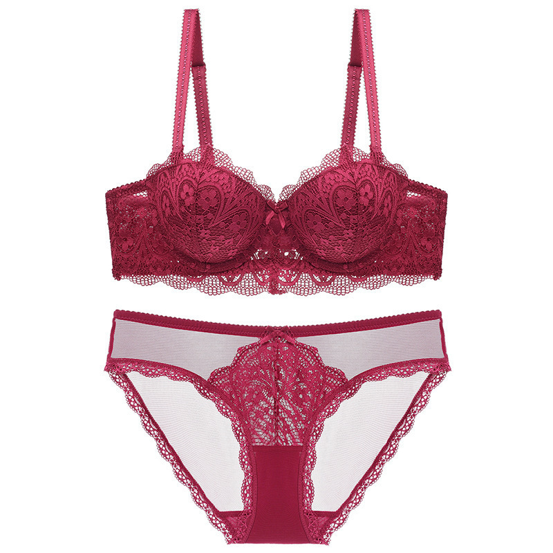 

bras sets lace underwear deep v gathered up bra thin bottom thick women's suit, Red;black