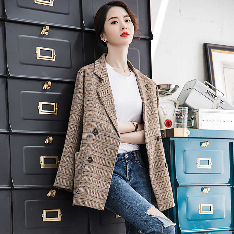 

High quality ladies blazer Double pocket temperament plaid suit jacket large size Women's office female autumn 210527