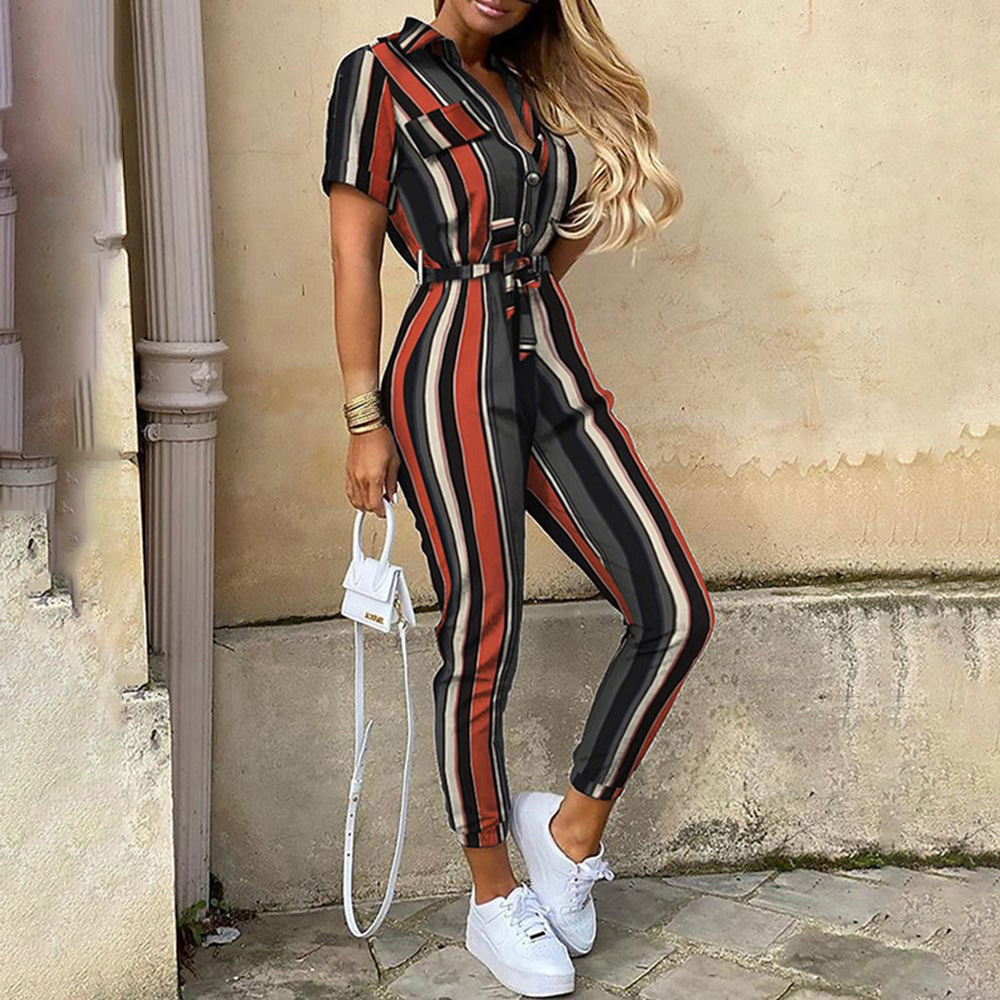 

Summer Casual Short Sleeve Rompers Womens Jumpsuit Pure Color Button Overalls For Women Fashion Lace Up Slim Jumpsuit Women, Black