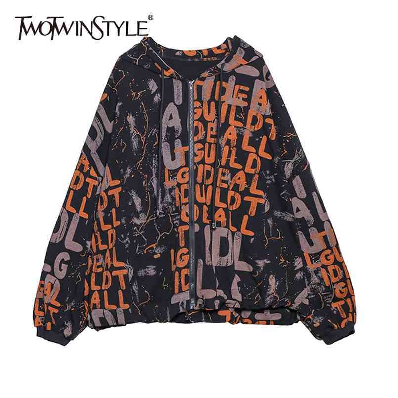 

Print Letter Jacket For Women Hooded Collar Long Sleeve Hit Color Casual Jackets Female Fashion Spring 210524, Aspicture