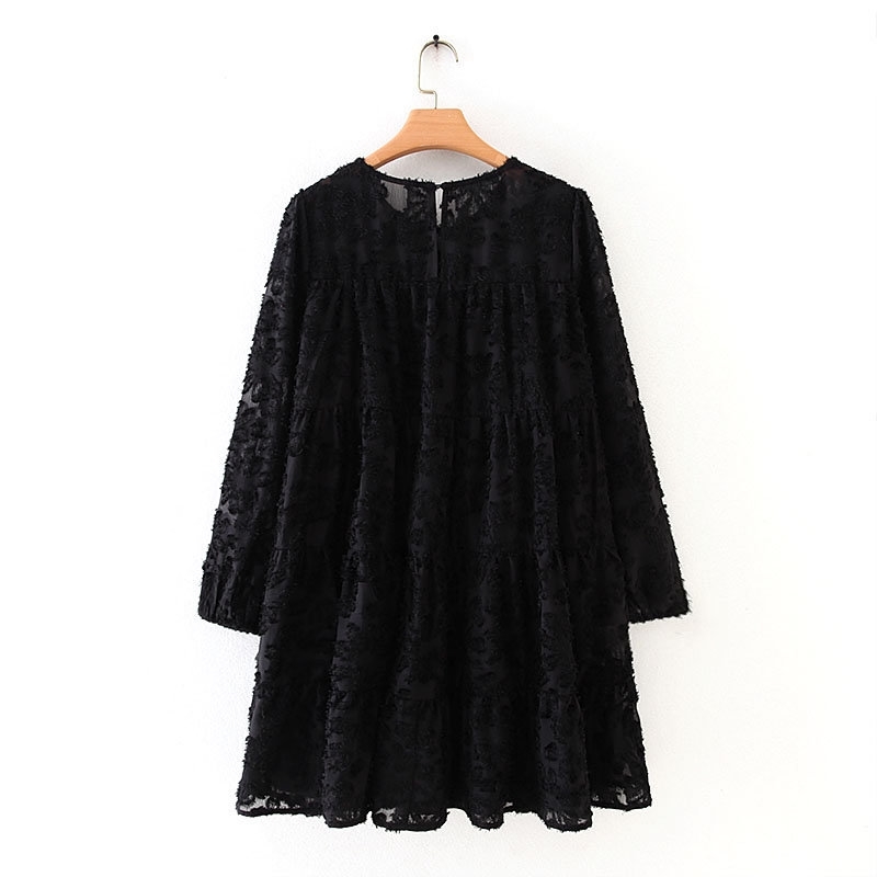 

Women high street texture pattern black casual loose mini Dress autumn ladies lantern sleeve vestidos chic ruffle Dresses DS2950 210603, As pic ds2950xz