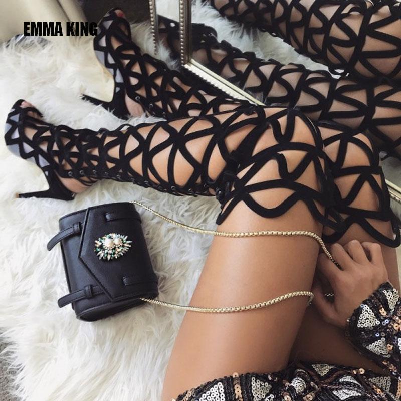 

Boots 2021 Summer Fashion Black Pu Leather Straps Women Over The Knee Peep Toe Cutout Style Ladies High Heel Gladiator