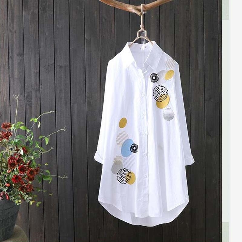 

Women White Shirt 100% cotton Casual Wear Button Up Turn Down Collar Long Sleeve Blouse Embroidery Feminina F106 210721, House