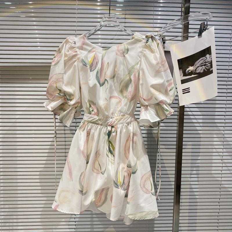 

DEAT Women Hollow Out Printing Ruffles Dress Round Neck Short Sleeve Arrivals Lady Sexy Fashion Spring Summer 11D523 210709, White