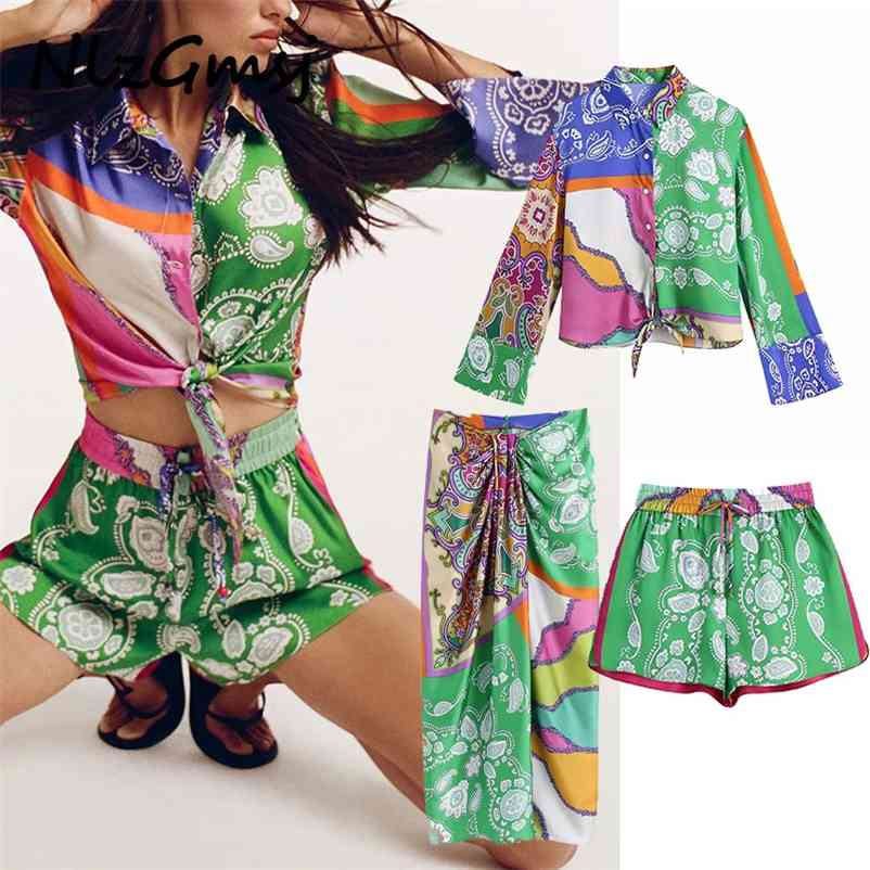 

Spring 3 Piece Set Women Blouse+Shorts+Skirt Female Suit Checked Midi Tweed High Waist 05 210628, As picture