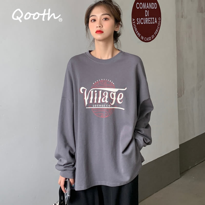 

Qooth Autumn Women's Loose Sweatshirts Cotton Letter Medium Length Full Sleeve Coat O Neck Casual Female Student Tops QT232 210518, Light gray