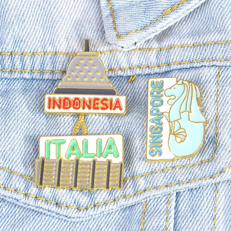 

Pins, Brooches HOSENG 3Pcs/Lot Singapore Indonesian Architectural Landmark Cartoon Brooch Creative Head Sphinx Luxury Enamel Pin HS_532