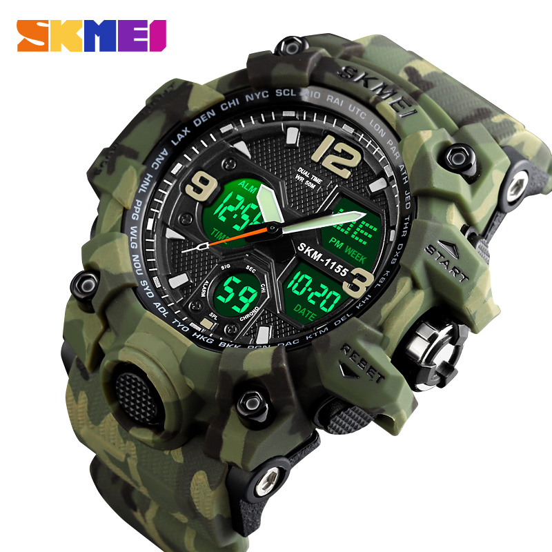 

SKMEI Japanese Movement Quartz Digital 2 Time Male Clock 5Bar Waterproof Military Army Cowboy Men Sports Watches 1155B 15 Colorsg, Grey camouflage