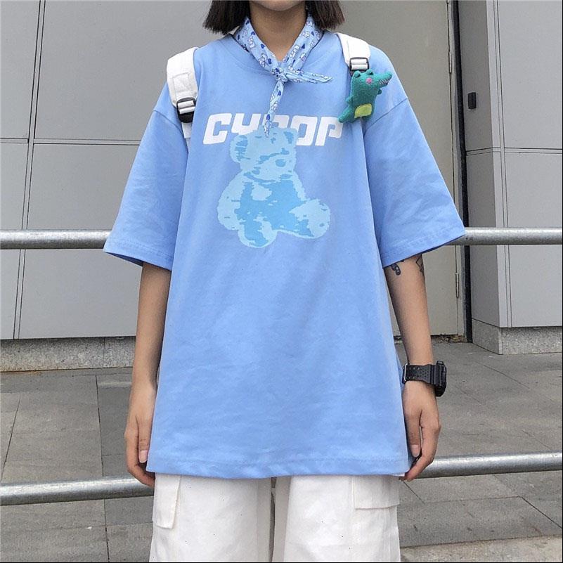 

Summer Korean Womens T Shirts ins Harajuku bear letter print kawaii cartoon casual tops oversized Streetwear clothing cute vintage women, White