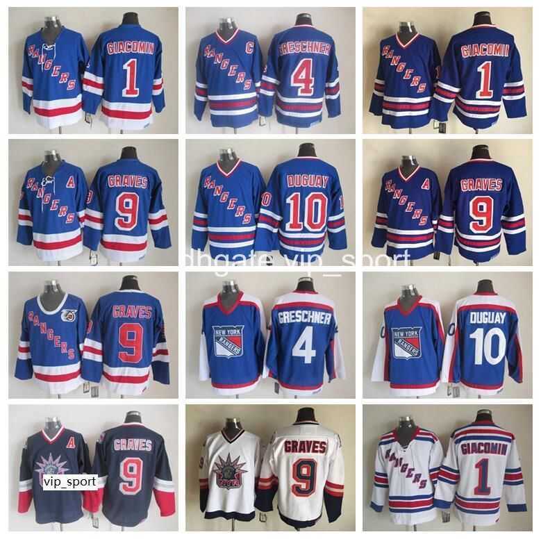 

New York Rangers Men 9 Adam Graves Jersey 10 Ron Duguay 4 Ron Greschner 1 Eddie Giacomin Ice Hockey Jerseys Vintage Blue White, 9 white