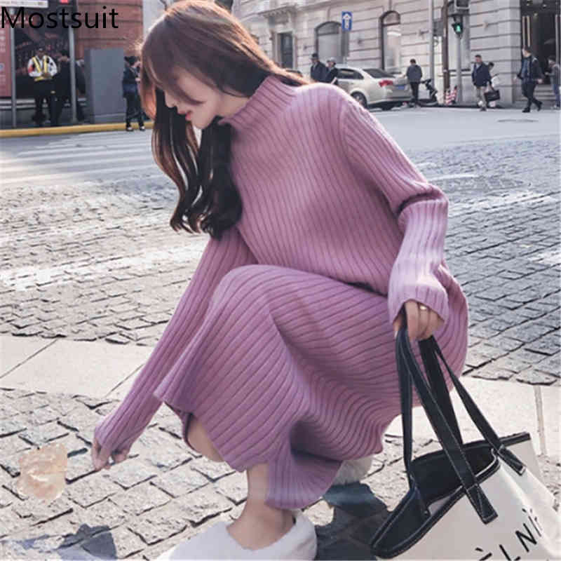 

Arrival Winter Knitted Sweater Dress Women Long Sleeve Turtleneck Midi-length Solid Loose Fashion Korean Vestidos 210518, Beige