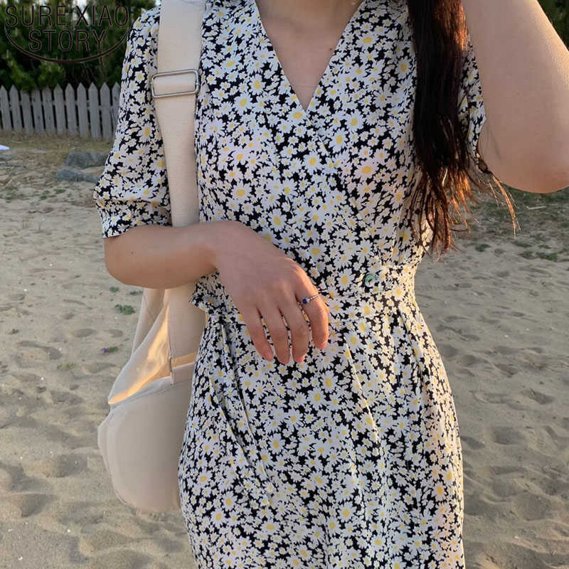 

Summer Dress Women Elegant V Neck Flower Long Dress Short Sleeve High Waist A-line Midi Dresses French Style 14780 210527, Green