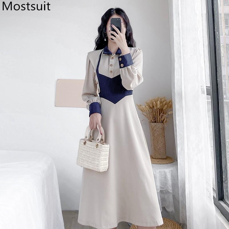 

Color-blocked Patchwork Women Long Dress Spring Full Sleeve Turn-down Collar Korean Elegant Fashion Female Vestidos Femme 210518, Picture color