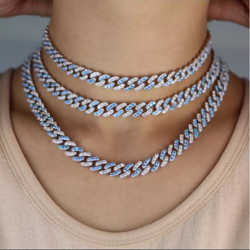 

HIBRIDE Blue White Cubic Zirconia CZ Micro Pave Hip Hop Bling Prong Cuban Link Chain Necklace Iced Out Jewelry P41 X0509