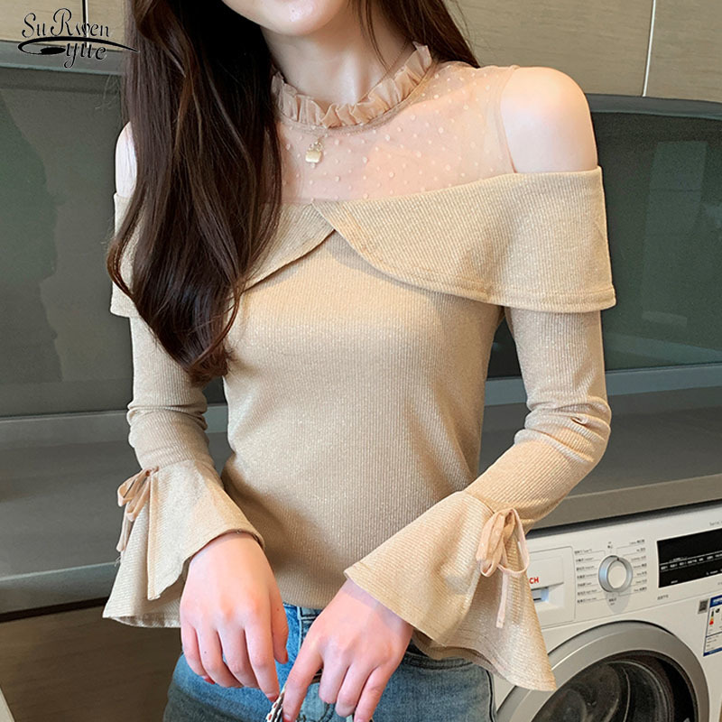 

Blusas Autumn Korean Mesh Off-Shoulder Shirt for Women Pullover Office Knitted Flare Sleeve Blouse Solid 10448 210521, Khaki