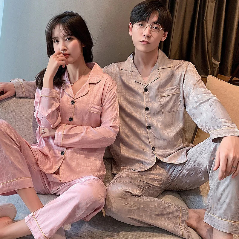 

Classic Letter Printed Silk Sleepwear Men Satin Pajamas Women Long Sleeve Sleepwears Spring Summer Home Wear, As pic