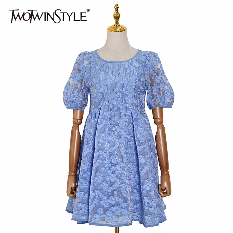 

Vinatge Women Print Dresses Female O Neck Puff Short Sleeve Loose Patchwork Ruffles Hit Color Dress Fashion 210520, Blue
