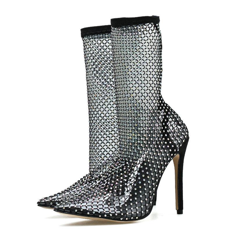 

Sandals Women Sexy High Heels Nightclub Shoes Rhinestone Pointed Toe Luxury Mesh Fishnet Socks Over The Knee, Black 9cm