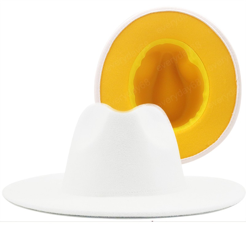 

Outer white Inner yellow Wool Felt Jazz Fedora Hats with Thin Belt Buckle Men Women Wide Brim Panama Trilby Cap