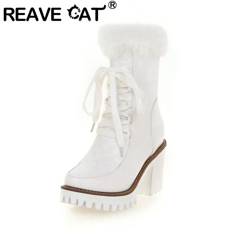 

Boots REAVE CAT 2021 Lady Princess Mid Calf Fur Plaid Zip Lace Up Platforms 8.5CM Chunky Heel US12 Black Pink White A4412
