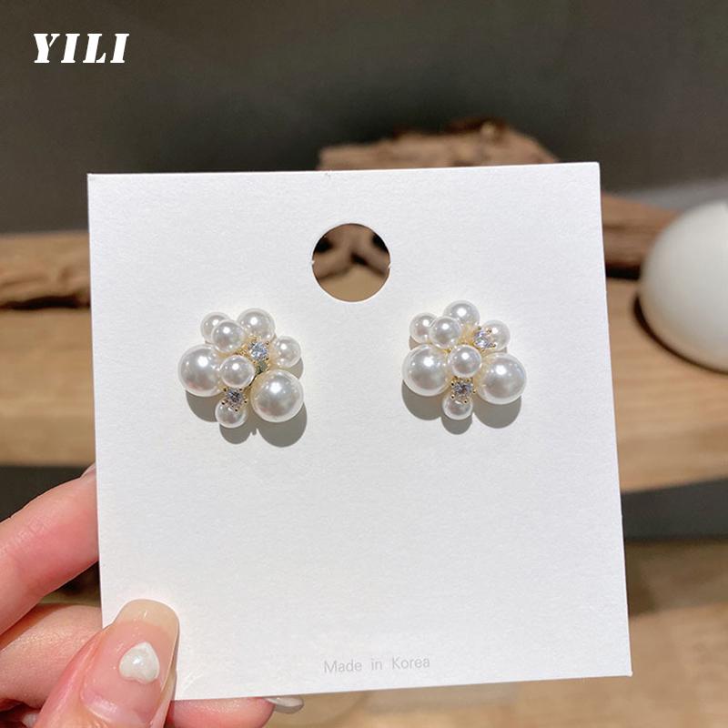 

Stud French Retro Romantic Fireworks Pearl Earrings For Women Korean Zircon Girl's Lady Temperament Party Jewelry, Golden;silver