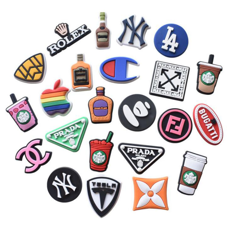 

in stock fashion logo shoe charms garden croc shoe decoration PVC soft rubber shoe flower shoecharm buckles