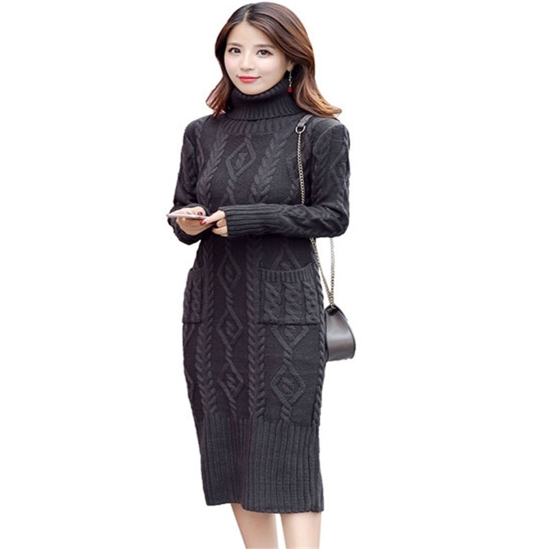 

Fashion Winter Spring Casual Dresses Women Loose Pullover Pull Turtleneck Sweater Female Solid Color Knitted Robe 210525, Black