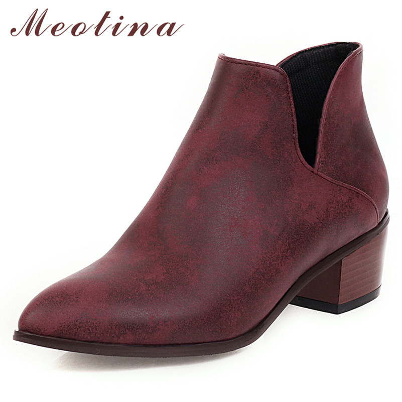 

Spring Ankle Boots Women PU Leather Thick Heels Short Slip on Pointed Toe Shoes Ladies Plus Size 34-43 210517, Black