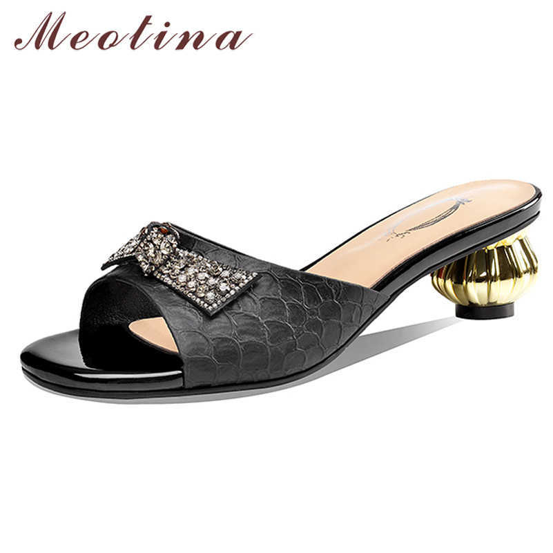 

Meotina Women Slippers Crystal Real Leather Shoes Round Toe Strange Style Ladies Slides Summer Sandals Female Yellow Size 34-43 210608