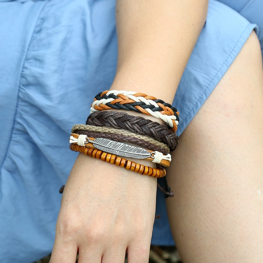 

Leather Bracelet Vintage charm Braided Multi Layer Wood Beads Charm Bracelets Wristband Bangle Cuff Set Women Men Fashion Jewlery
